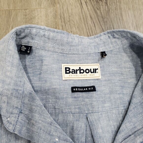 Barbour Linen Button Down Shirt Mens M Blue Short Sleeve Business Casual Coastal - Picture 3 of 8